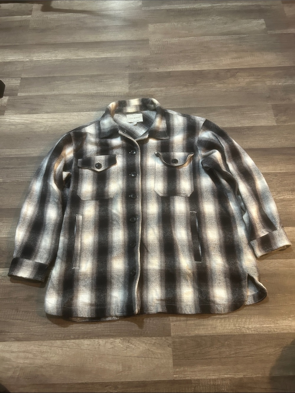 Lucky Brand Shacket Black, Gray & Cream Plaid Shirt Jacket - Size Large